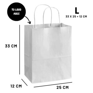 Bolsa de papel blanco asa rizada 33x25x12 cm personalizada - 1 tinta
